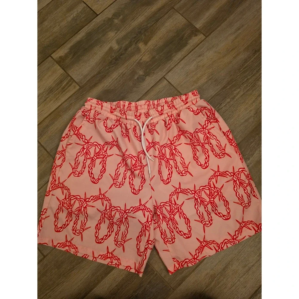 Pink Barbed Wire Print Swim Trunks Mens Small Red Chain Graphic Board Shorts